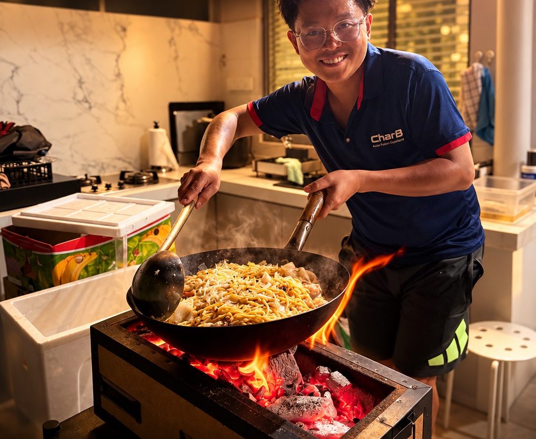 CharB chef cooking noodles in a wok over a charcoal fire in a home kitchen